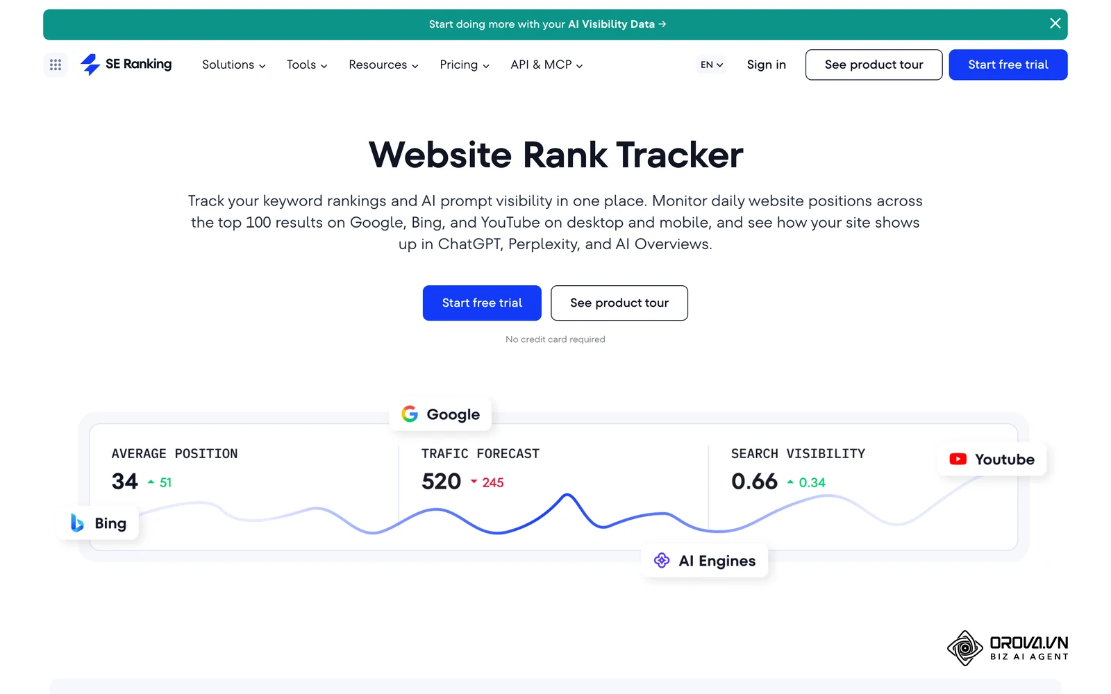 Trang giới thiệu công cụ theo dõi thứ hạng của SE Ranking.