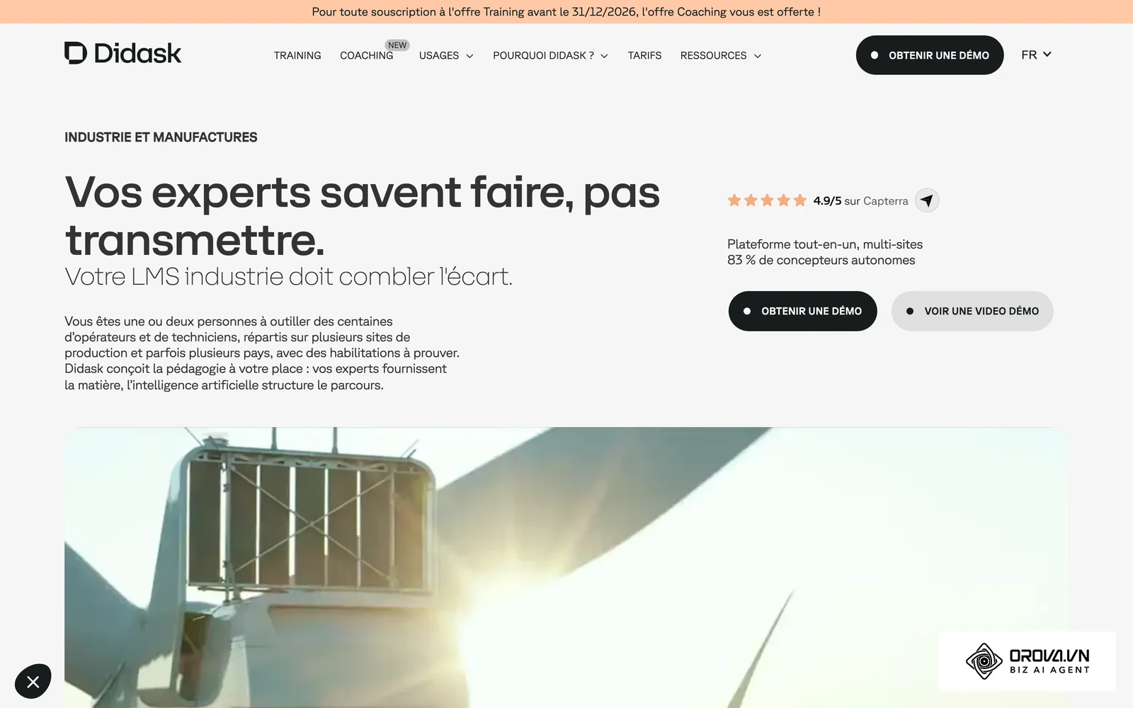 Page sectorielle de Didask, éditeur de LMS, consacrée à la transmission des savoir-faire aux nouveaux opérateurs.