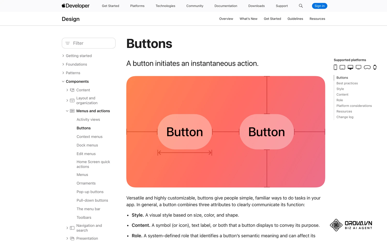 Trang hướng dẫn thiết kế nút bấm của Apple Human Interface Guidelines.