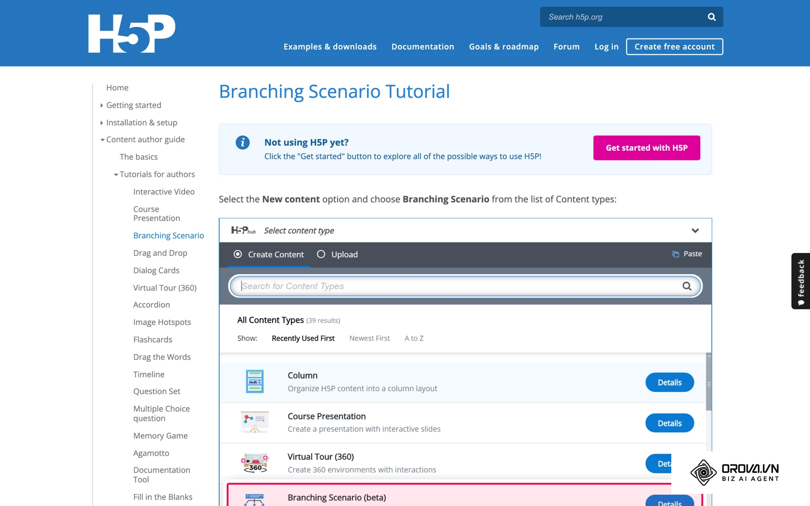 Tutoriel officiel H5P : sélection du type de contenu Branching Scenario dans l'éditeur avant de construire le scénario à embranchements.