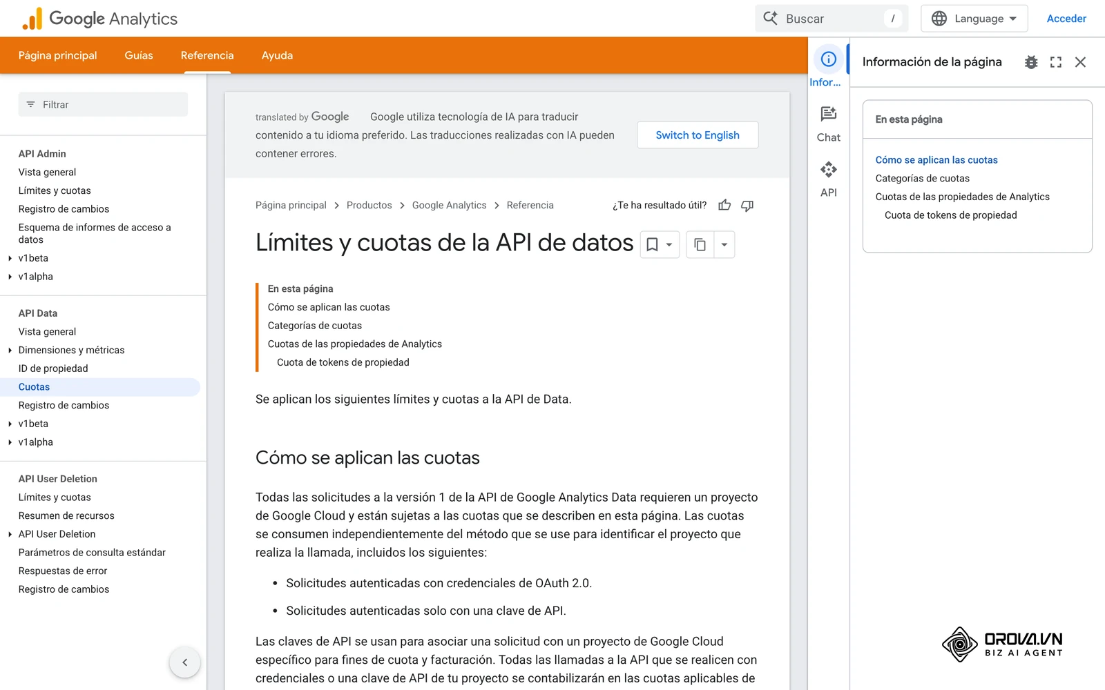 Documentación de Google sobre las cuotas de la API de datos de GA4.