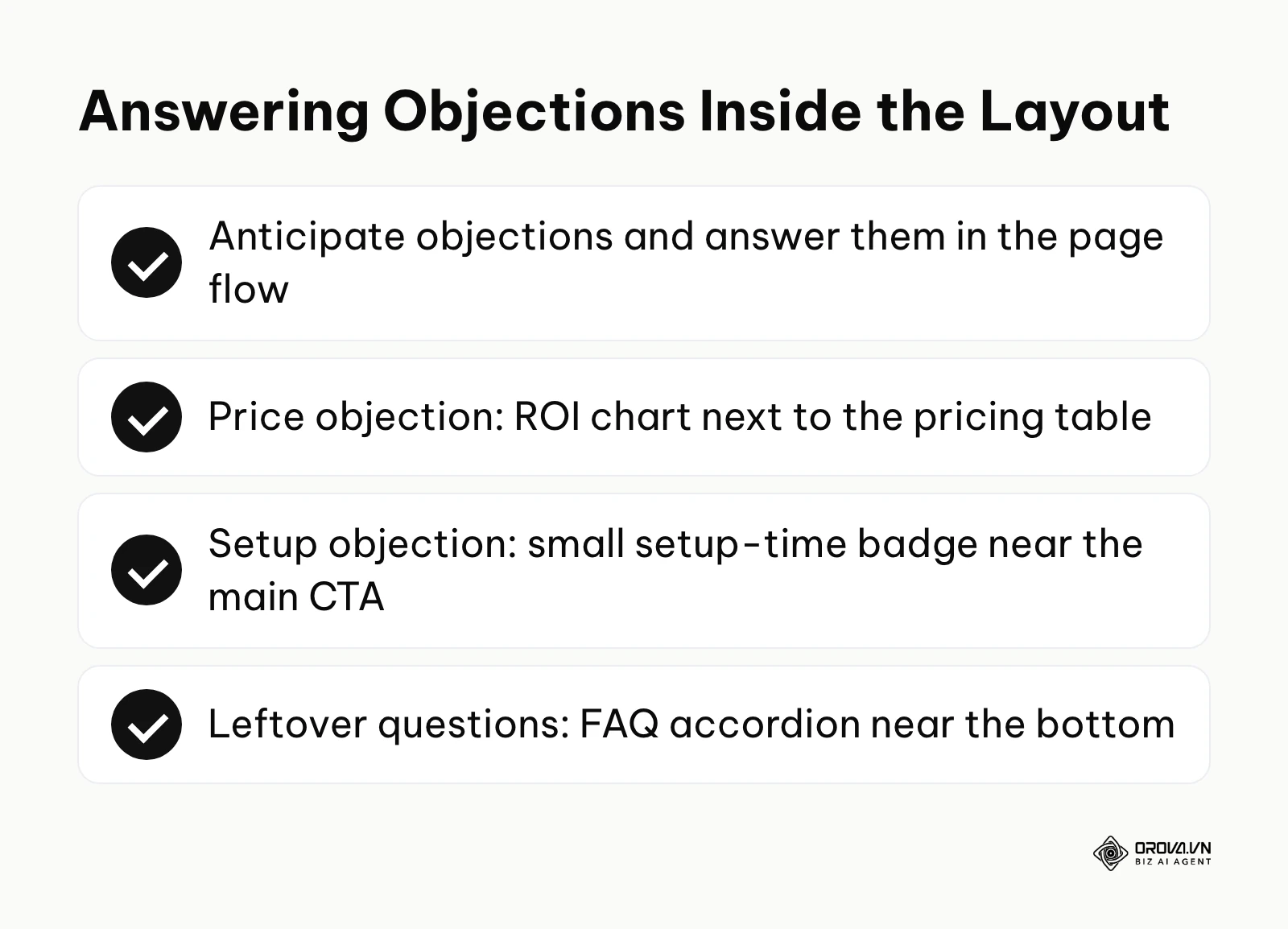Checklist of ways to answer visitor objections inside the landing page layout.