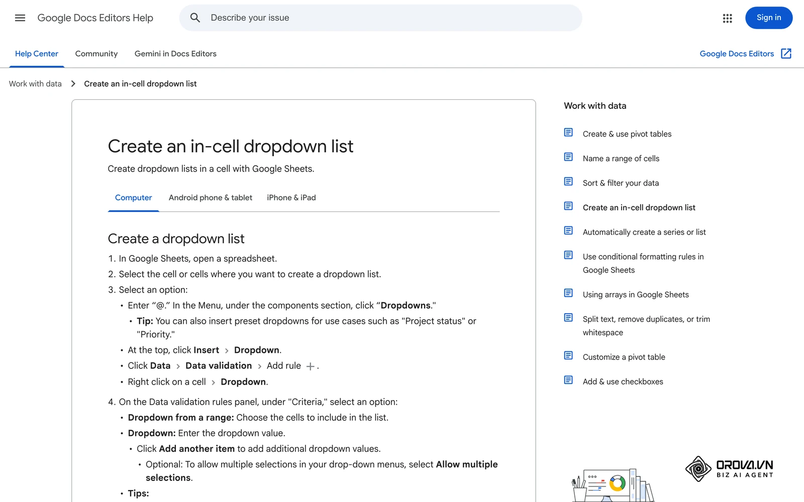 Google Sheets yordam sahifasi: katakda ochiladigan roʻyxat yaratish. Oʻquv rejasidagi Holati va Taʼlim formati ustunlari shu tarzda sozlanadi.