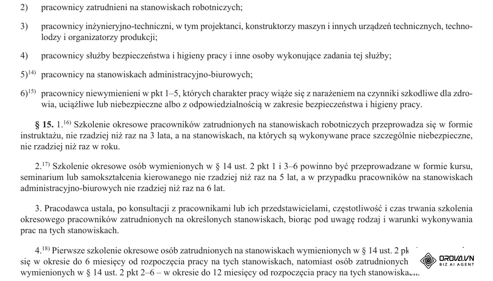 Fragment § 14 i § 15 rozporządzenia o szkoleniu BHP: grupy pracowników, formy i terminy szkoleń okresowych