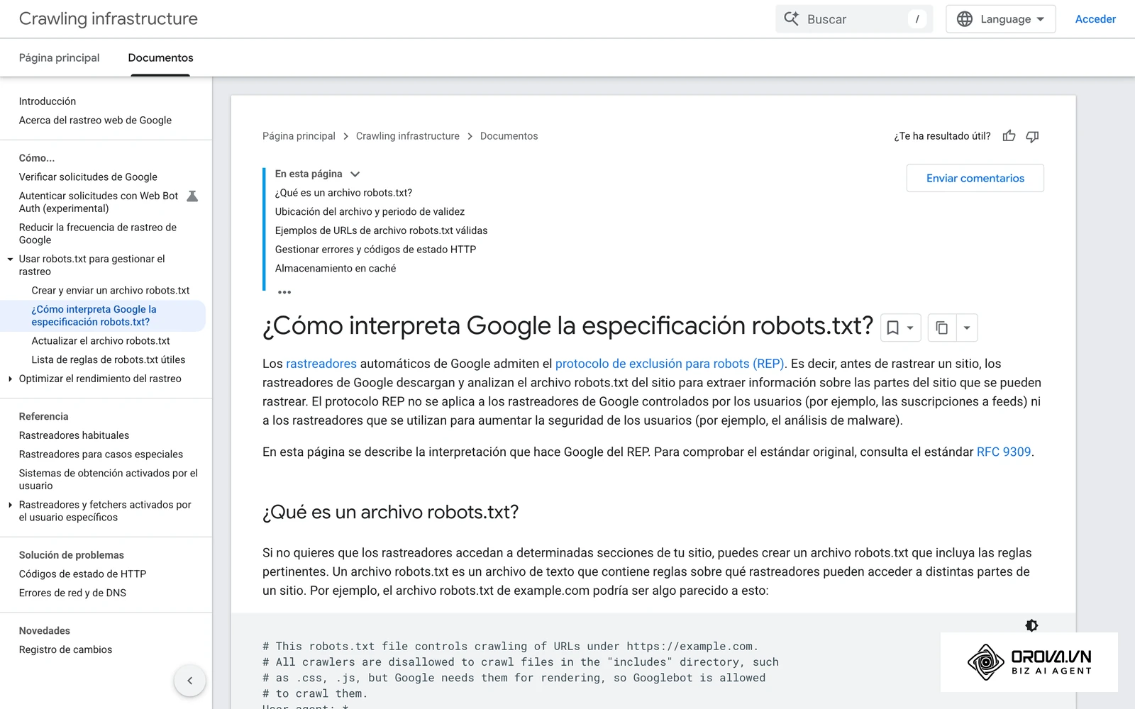 Documentación oficial de Google sobre cómo interpreta la especificación de robots.txt: tamaño, códigos HTTP y orden de las reglas.