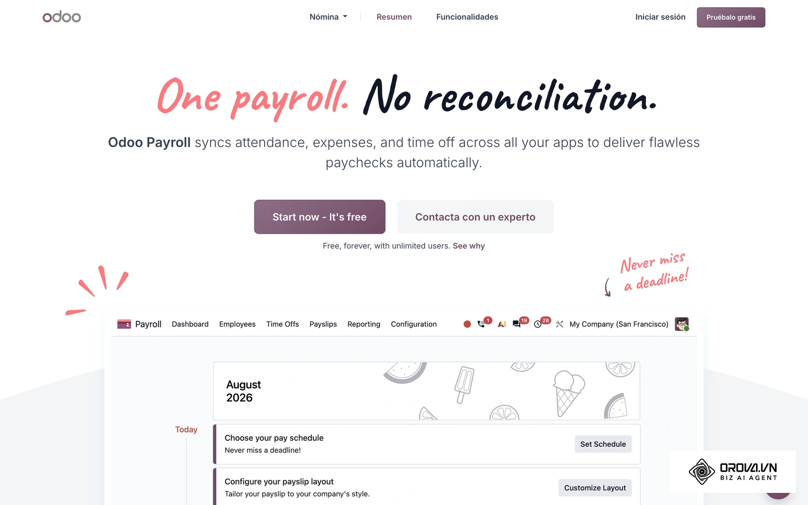 Página oficial de Odoo Nómina: la interfaz que calcula la nómina a partir de los datos de contrato y asistencia ya registrados en el sistema.