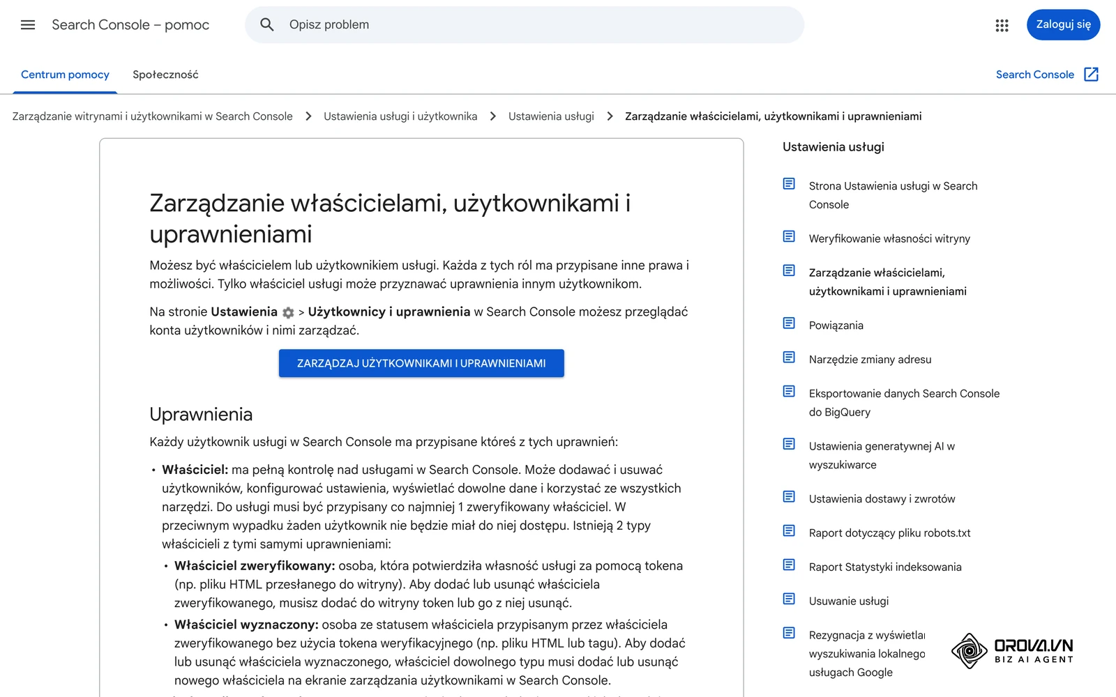 Pomoc Search Console: zarządzanie właścicielami, użytkownikami i uprawnieniami (Ustawienia › Użytkownicy i uprawnienia).
