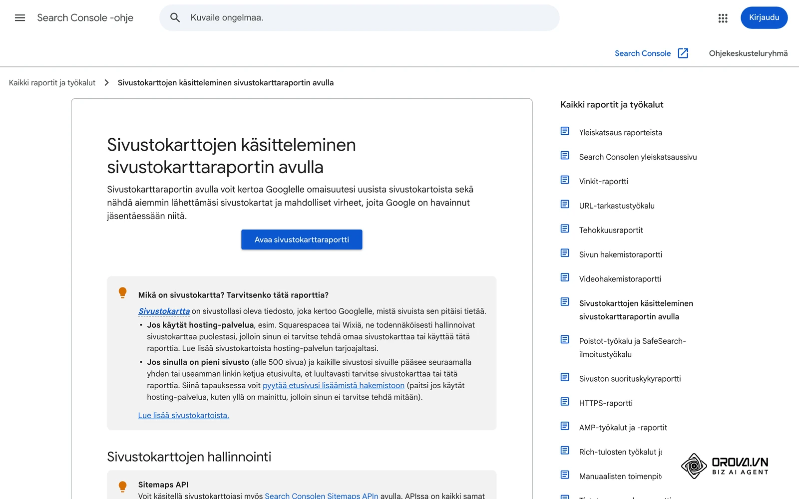 Search Console -ohjeet: Sivustokarttaraportti – kenttä Lisää uusi sivustokartta, painike Lähetä ja tilat Onnistui / Noutaminen epäonnistui.