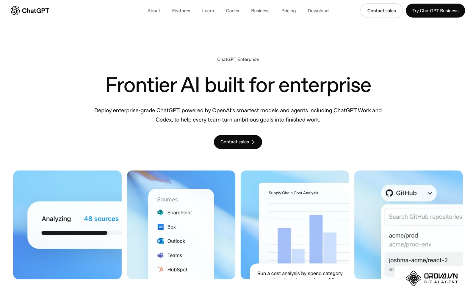 ChatGPT Enterprise product page, an example of an AI tool teams use to draft report insights from anonymized data.