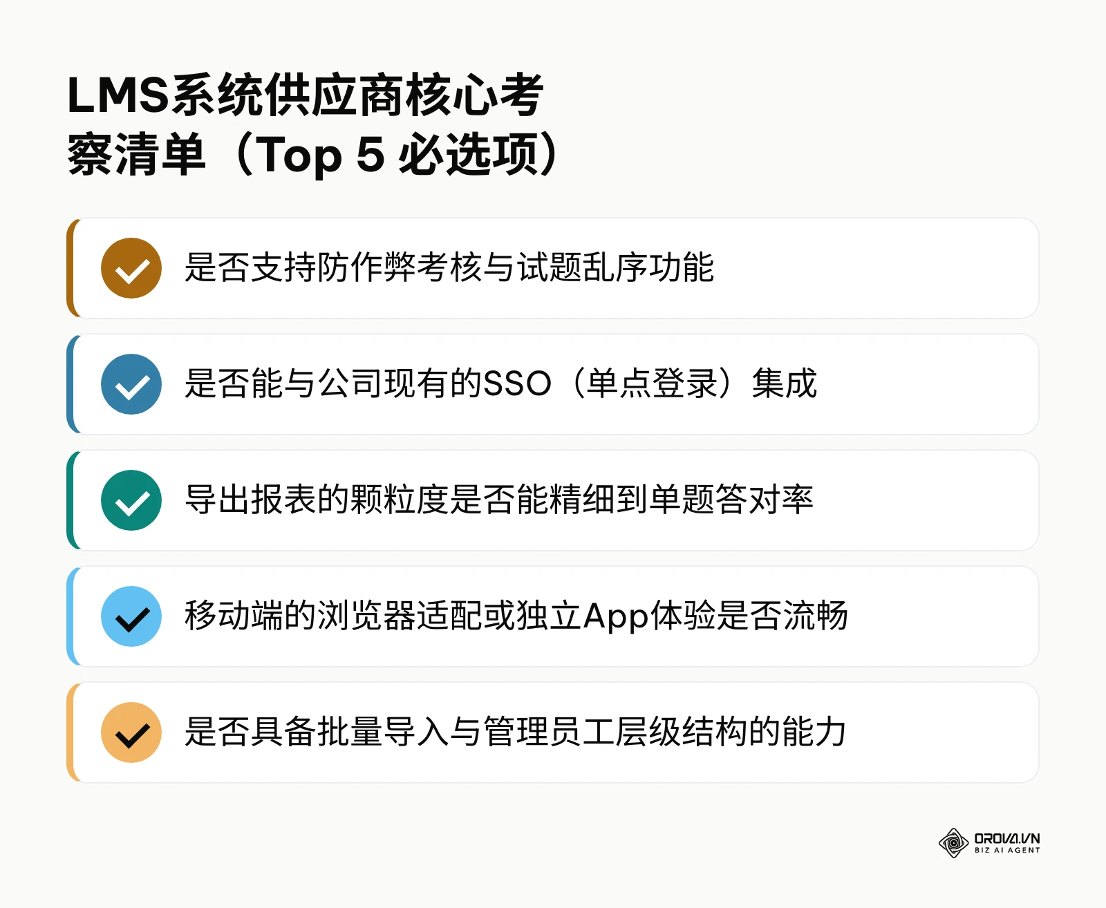 列表总结了HR在评估供应商时必须打勾的五项核心功能考察点