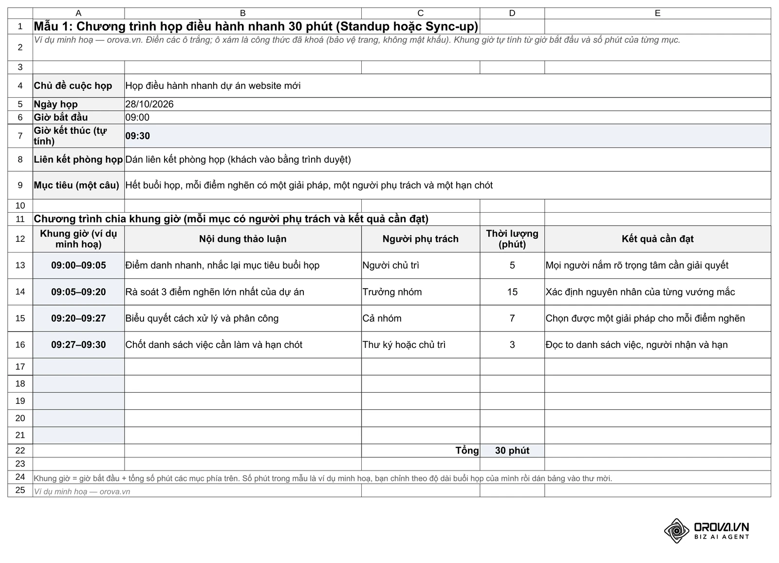 File Excel mẫu, trang Chương trình 30 phút: khung giờ tự tính từ giờ bắt đầu và số phút từng mục (09:00–09:05, 09:05–09:20, 09:20–09:27, 09:27–09:30), giờ kết thúc 09:30. Nội dung và giờ là ví dụ minh hoạ.