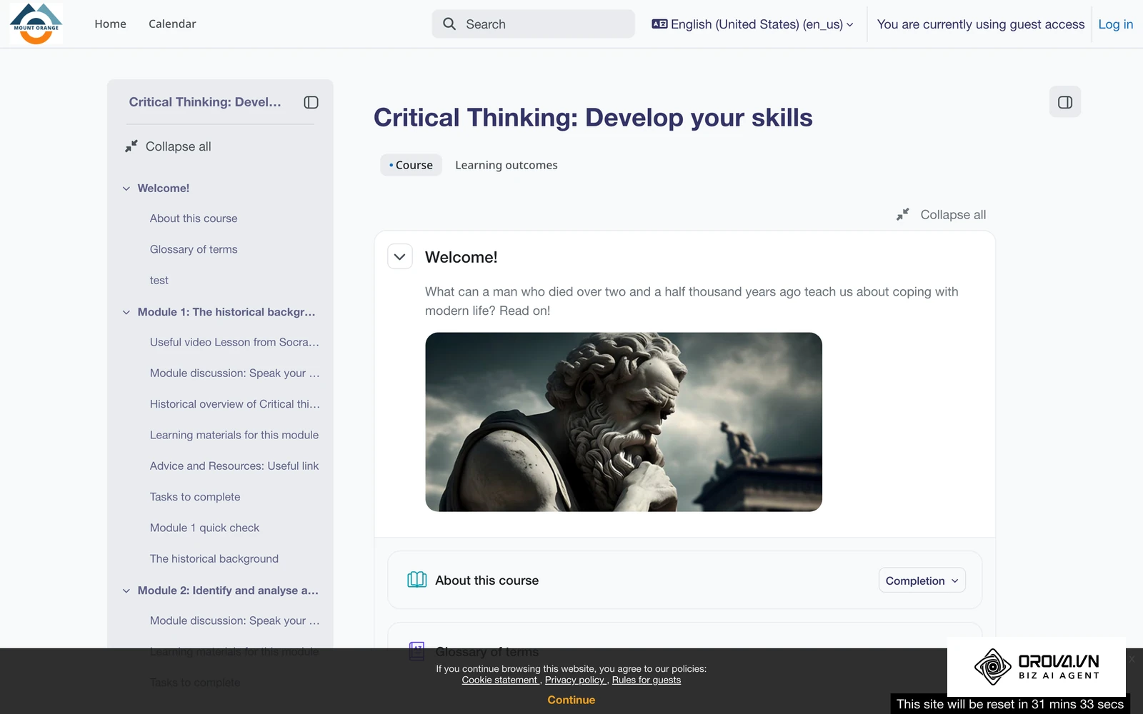 A course page on the Moodle demo site with modules, activities, and completion tracking, the kind of learner view a pilot cohort should walk through before you sign.