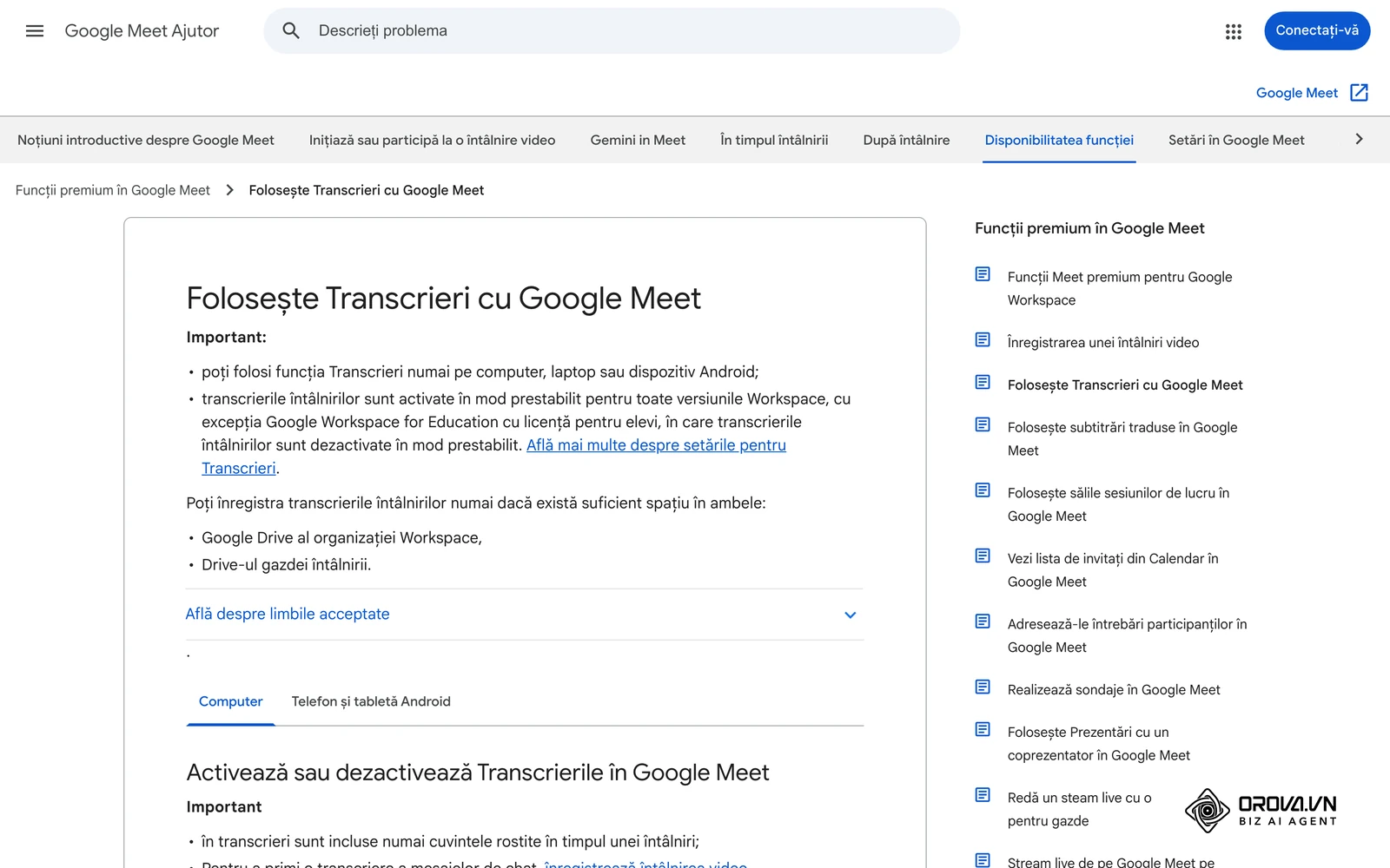 Pagina de ajutor Google Meet în limba română despre transcrierile ședinței, utile ca bază pentru minută