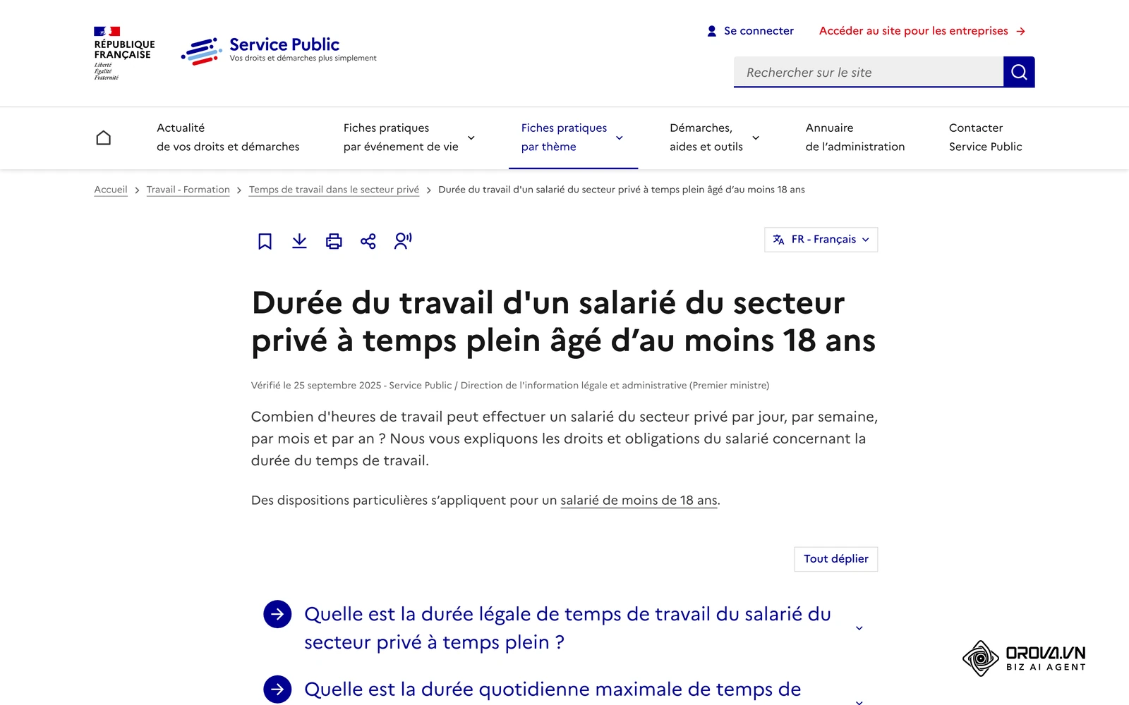 Fiche officielle Service Public sur la durée du travail d'un salarié du secteur privé : durée légale de 35 heures, durées maximales, pauses et décompte des horaires.