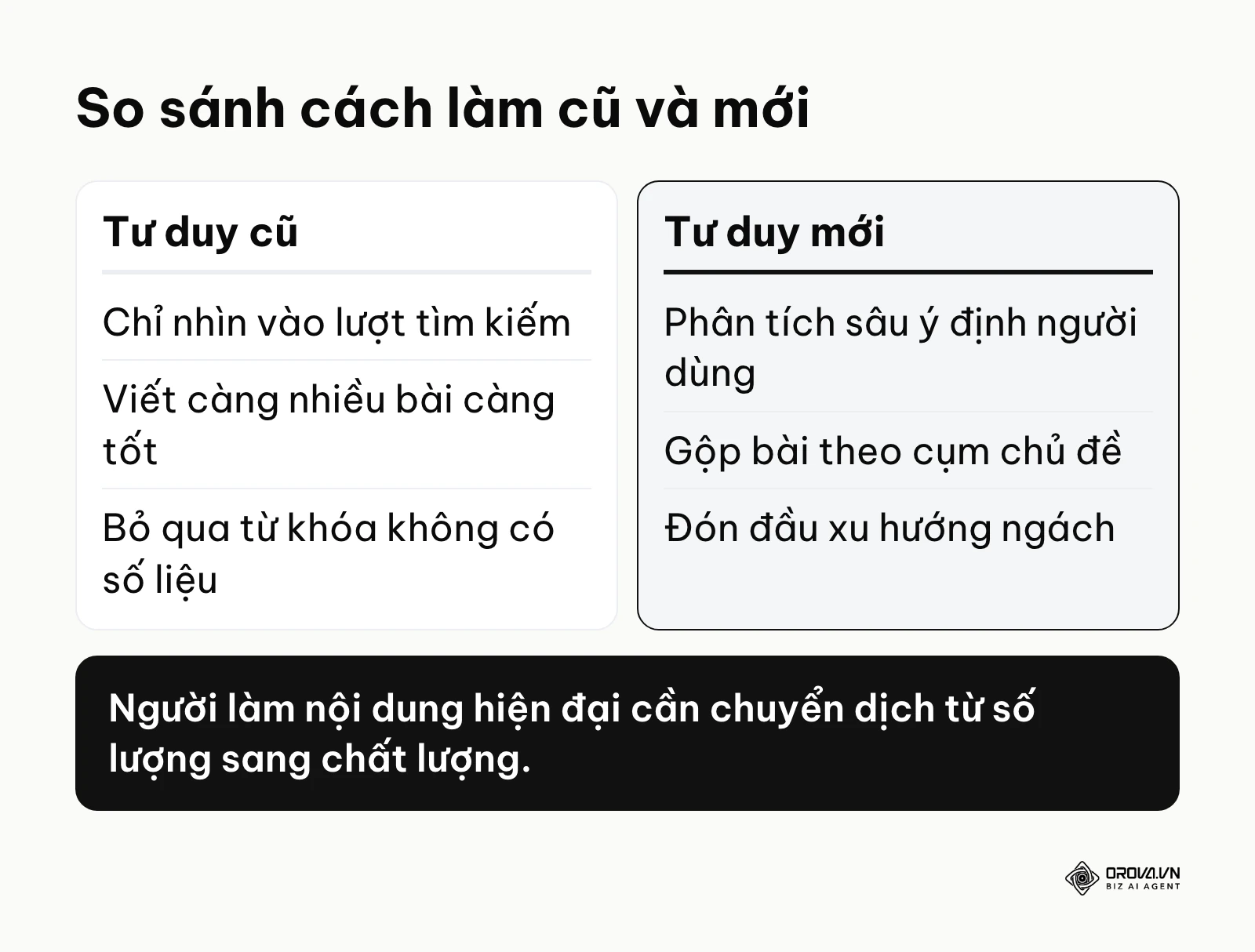 Bảng so sánh tư duy SEO cũ dựa vào số lượng và tư duy mới tập trung chất lượng