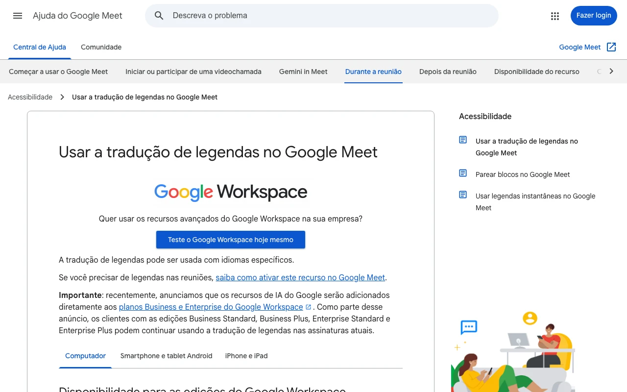 Página oficial de Ajuda do Google Meet (pt-BR) sobre tradução de legendas, que lista as edições do Google Workspace com o recurso.