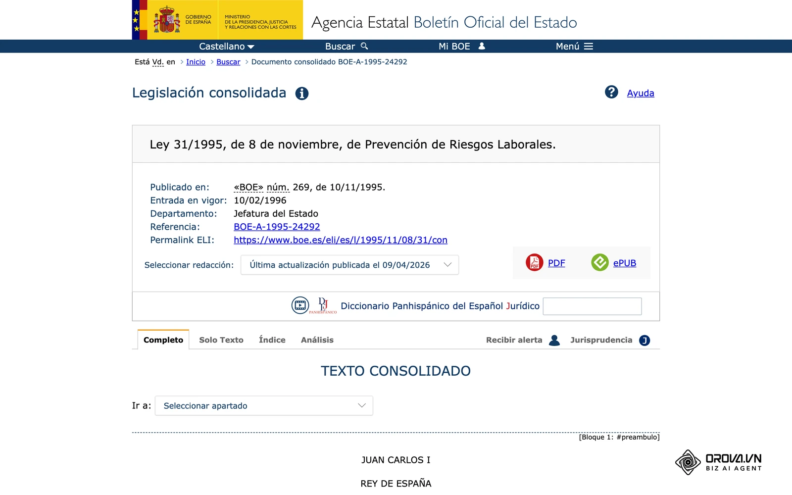 Texto consolidado de la Ley 31/1995 de Prevención de Riesgos Laborales en el Boletín Oficial del Estado.