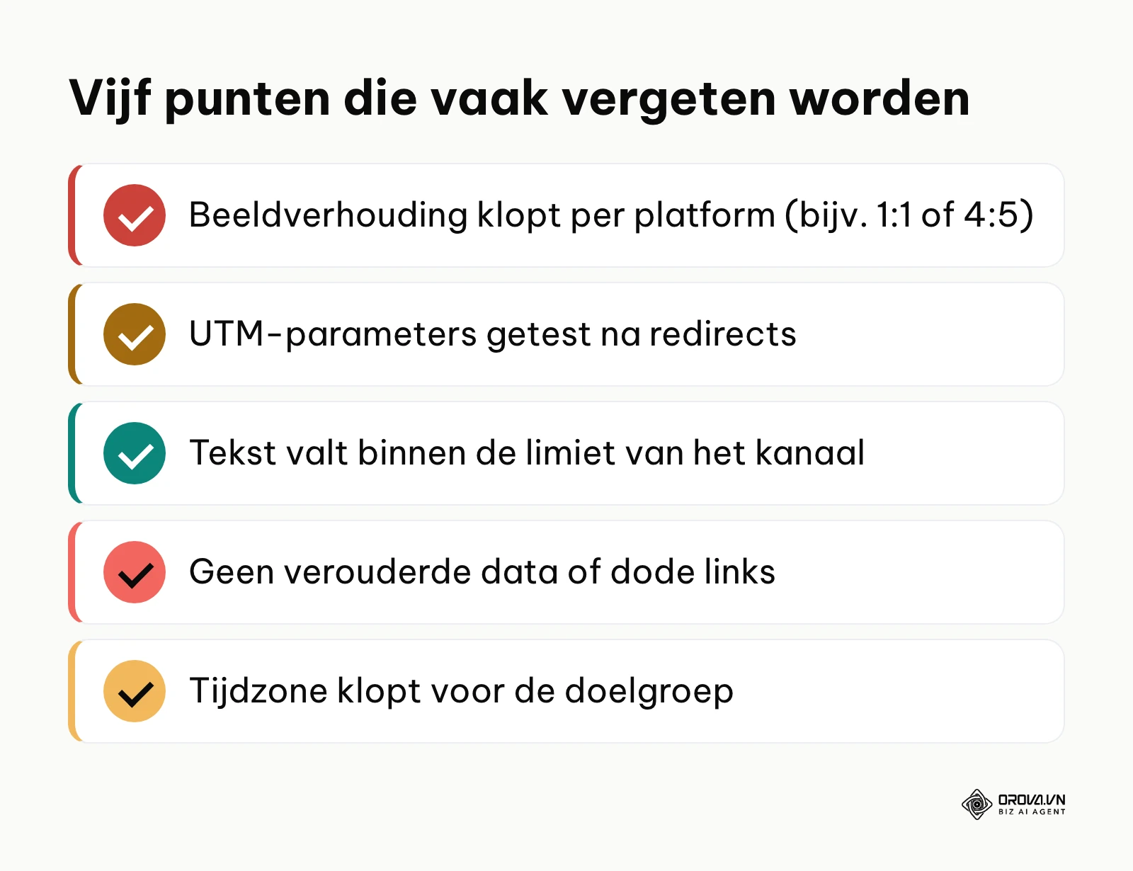 Checklist met vijf controlepunten voordat een bericht in de contentkalender wordt ingepland