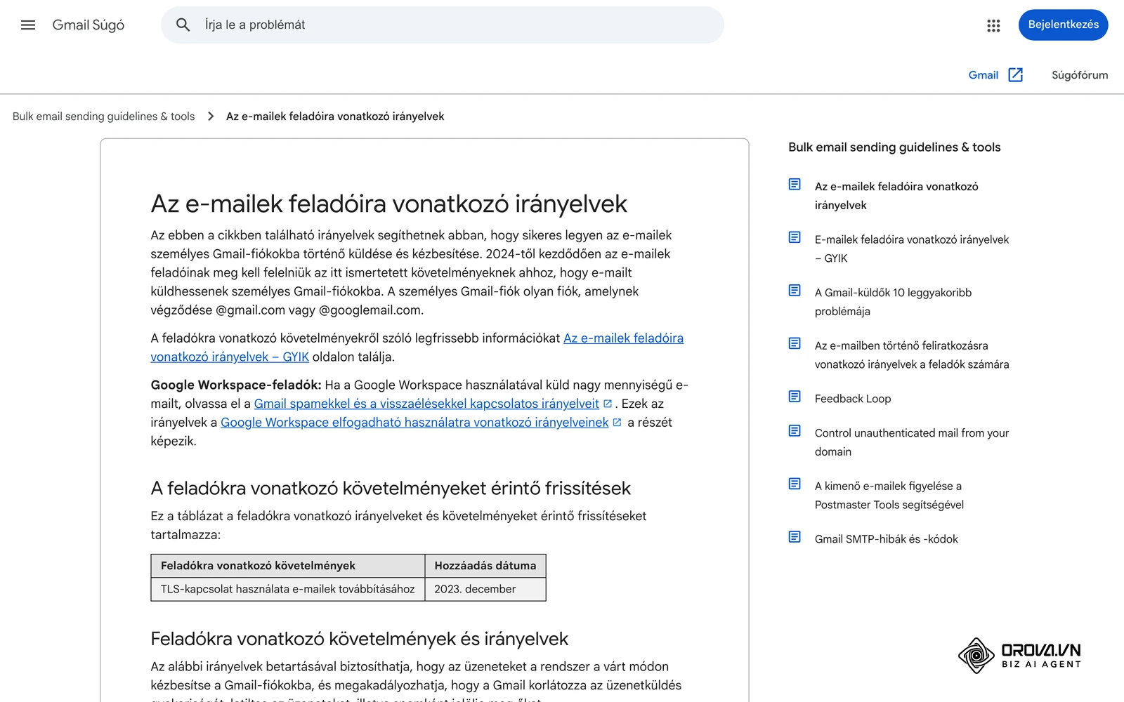 A Gmail súgójának „Az e-mailek feladóira vonatkozó irányelvek” oldala (SPF, DKIM, DMARC követelmények).