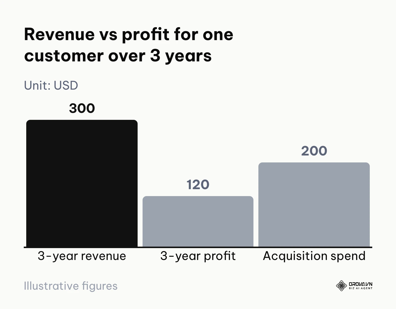 Bar chart comparing 300 dollars of revenue, 120 dollars of gross profit and 200 dollars of acquisition spend for one customer.