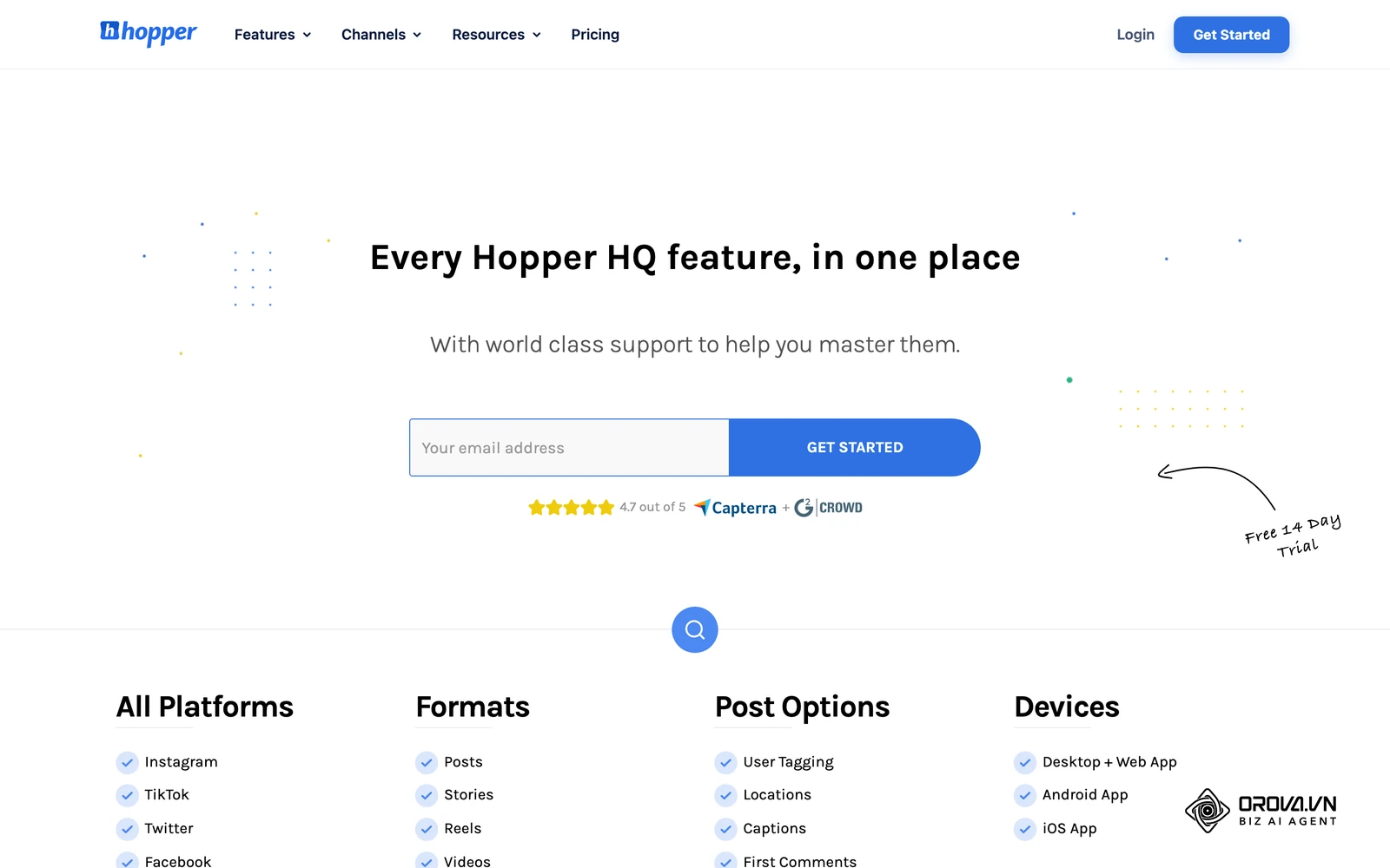 Hopper HQ's official features page, listing supported platforms, post formats, post options and devices (desktop web, Android and iOS).