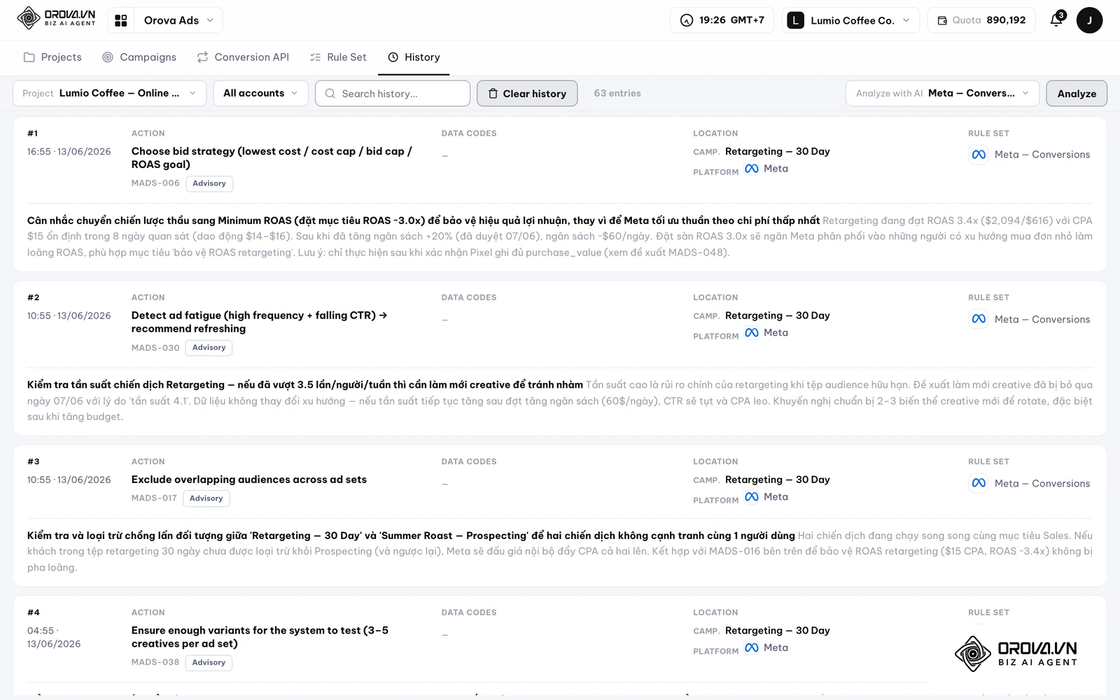 It generates a detailed proposal detailing what to change, which specific campaign is affected, and why the change is necessary, citing the exact historical metrics that justify the decision.