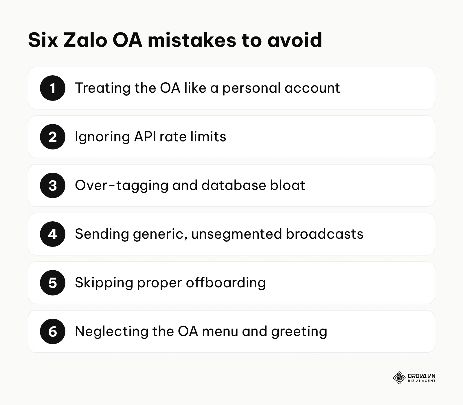 Numbered list of six common Zalo OA management mistakes.