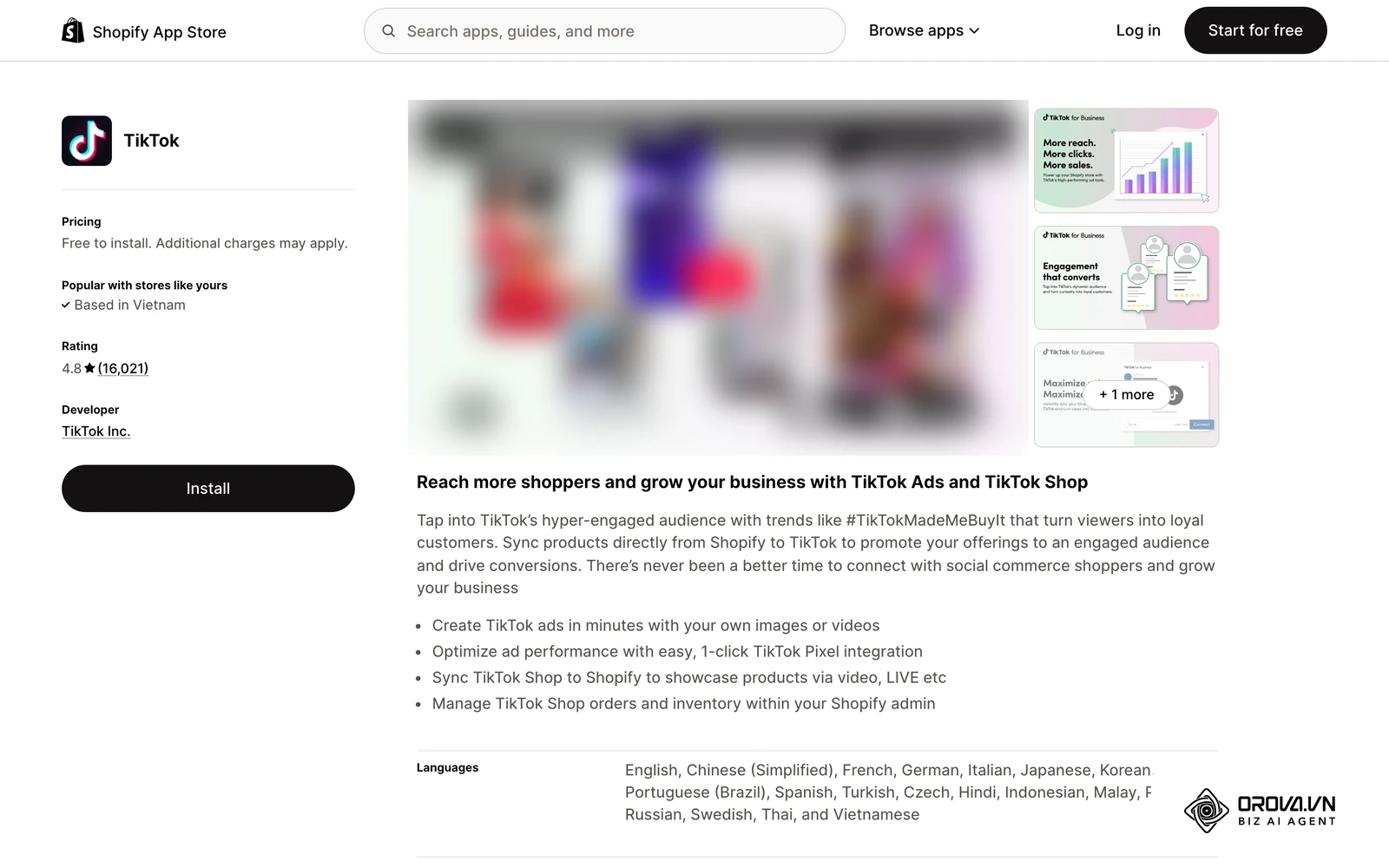 ទំព័រកម្មវិធី TikTok ផ្លូវការលើ Shopify App Store ដែលភ្ជាប់ហាងទៅ TikTok Ads Manager ដើម្បីបង្កើតយុទ្ធនាការ និងកំណត់ថវិកា