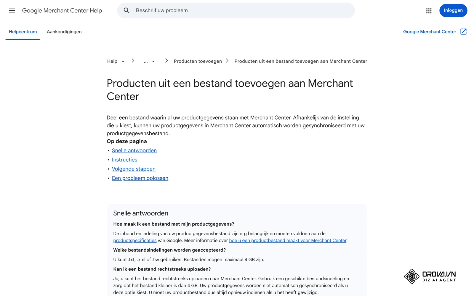 Merchant Center-Help: Producten uit een bestand toevoegen aan Merchant Center, via de pagina Producten of Gegevensbronnen.