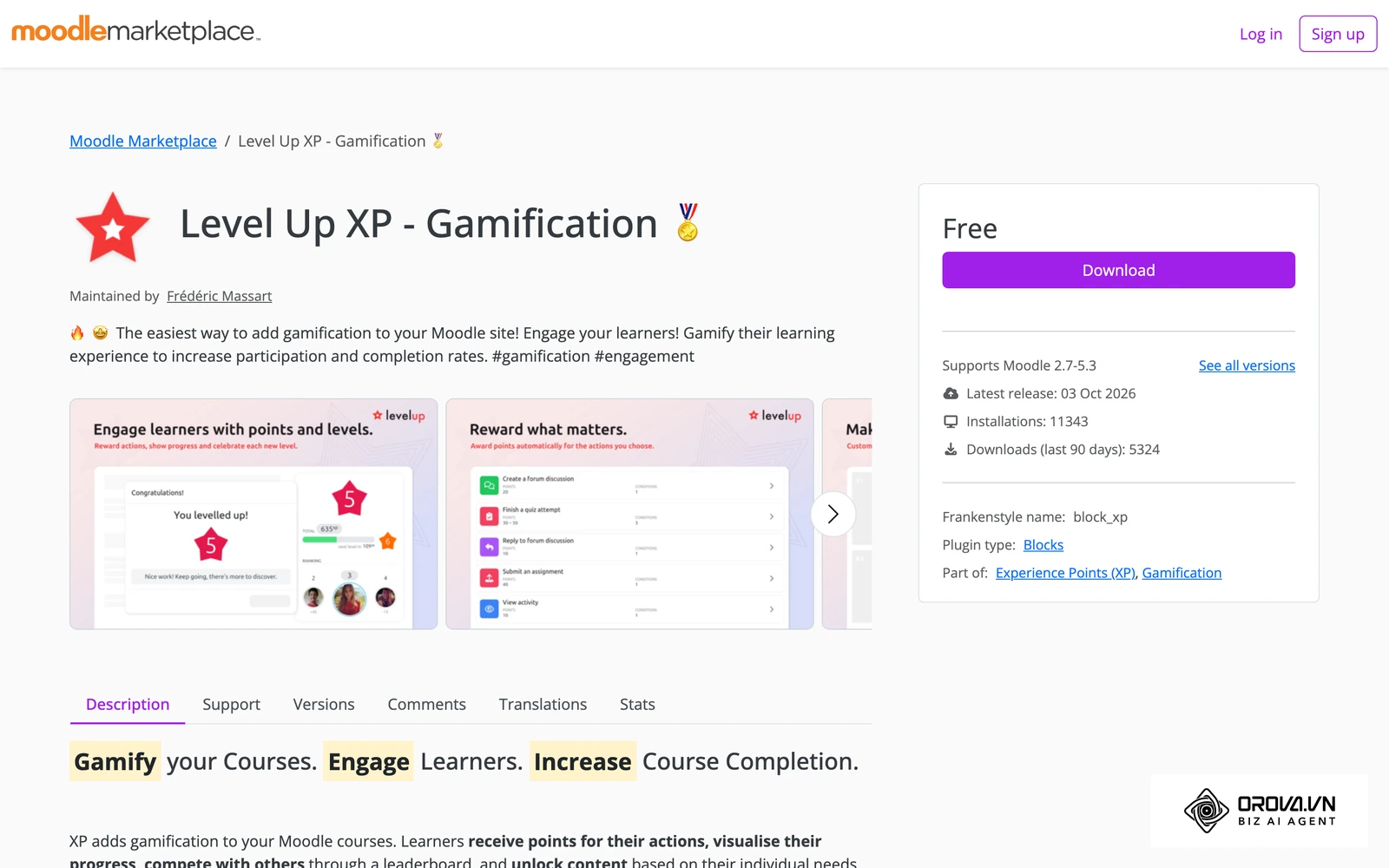 Trang plugin Level Up XP trên Moodle Marketplace, kho plugin chính thức của Moodle.
