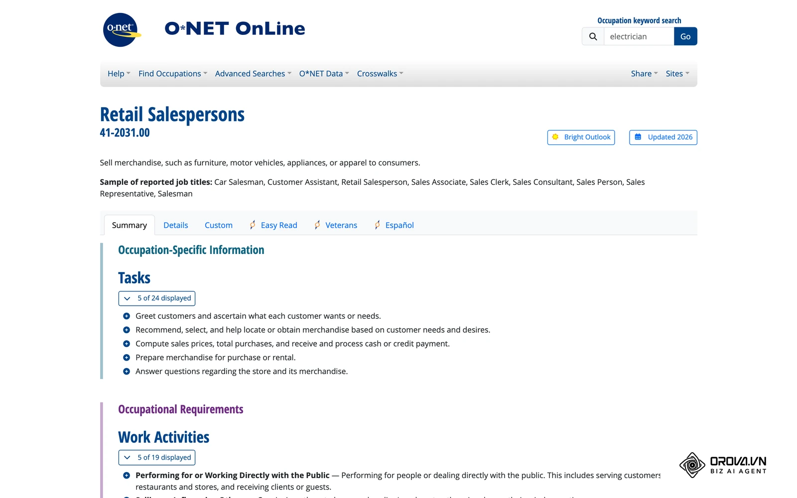 O*NET OnLine liệt kê nhiệm vụ, kỹ năng của nghề nhân viên bán hàng, dùng để đối chiếu khi viết mẫu JD Sales.