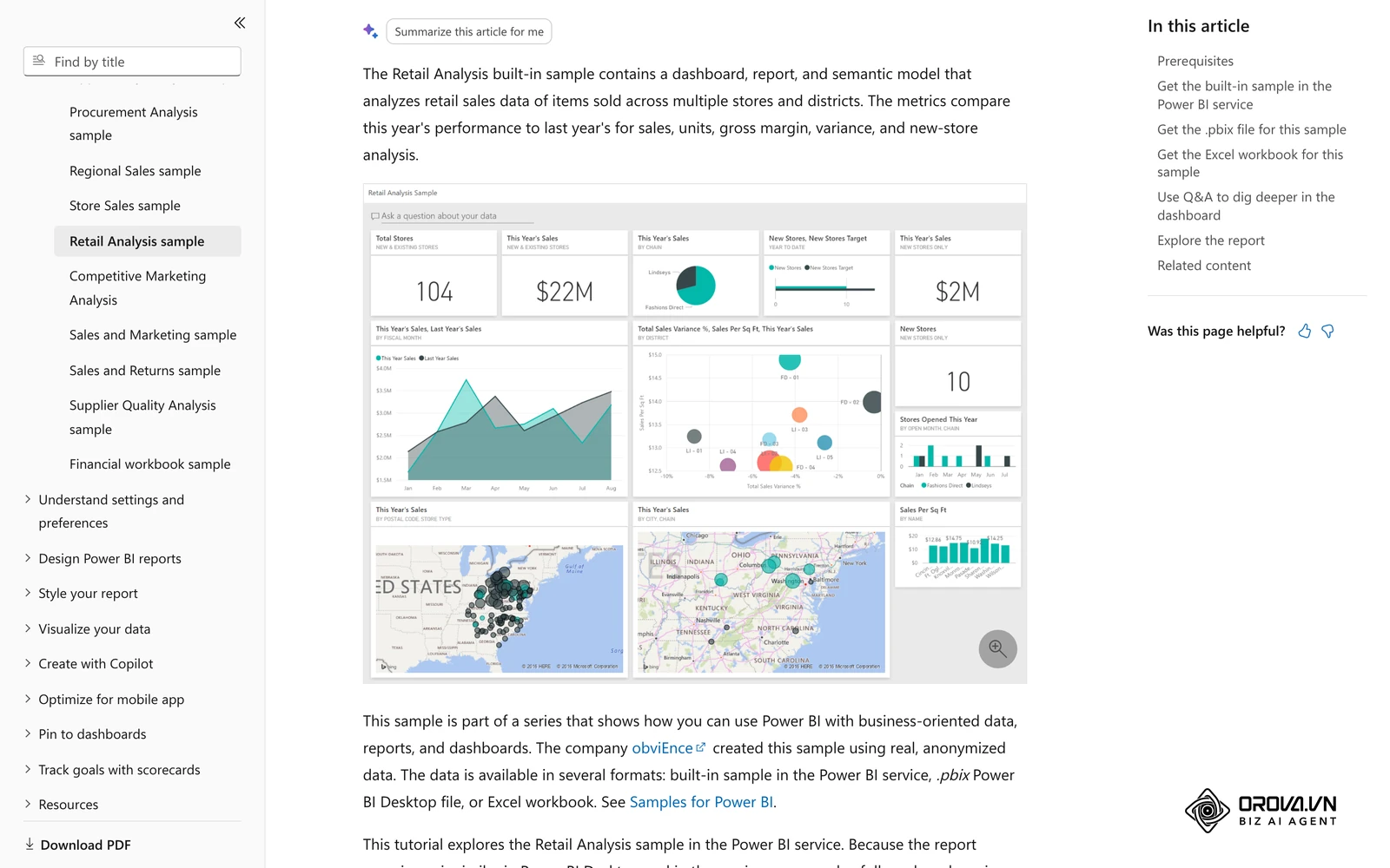 Retail Analysis sample dashboard ng Microsoft Power BI: scorecard, area chart, scatter plot at mapa sa iisang pahina.