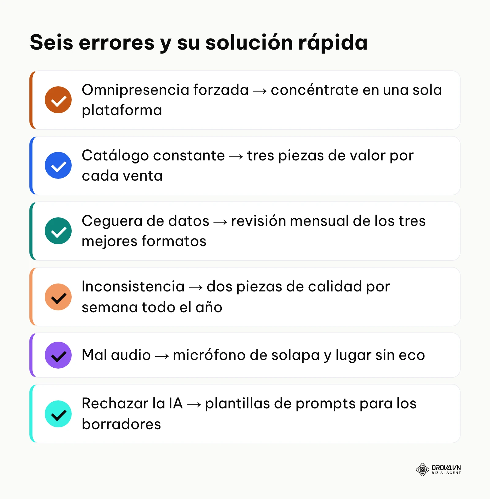 Lista de los seis errores comunes en redes sociales con la solución de cada uno.