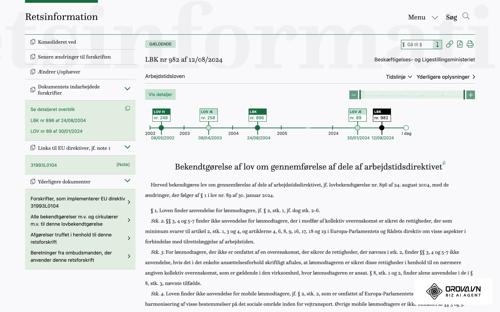 Arbejdstidsloven (lovbekendtgørelse nr. 982 af 12. august 2024) på retsinformation.dk – tidslinjen viser ændringen ved lov nr. 89 af 30. januar 2024.