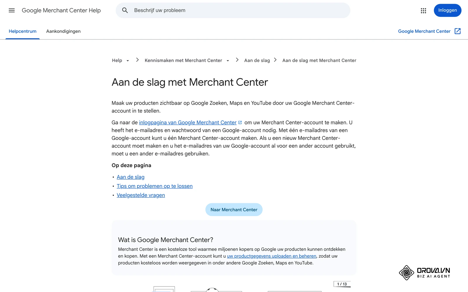Merchant Center-Help van Google: Aan de slag met Merchant Center, met de stappen om een account in te stellen.