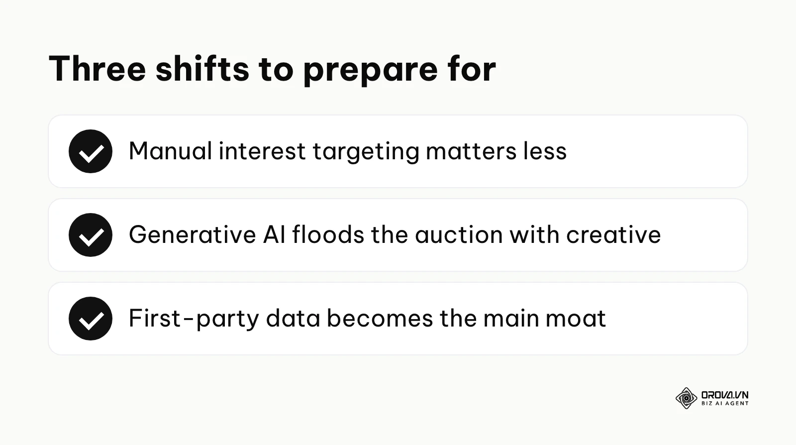 Summary of three expected shifts in Facebook Ads Manager according to the author.