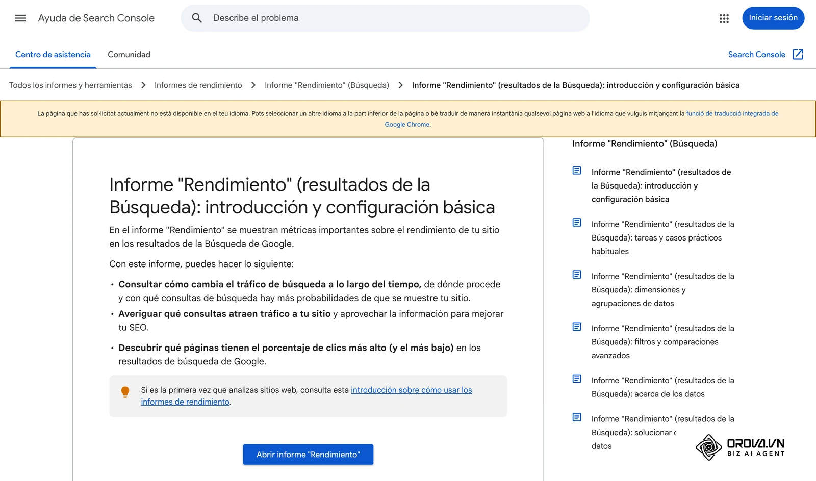 Ajuda oficial de Google (en castellà, no hi ha versió catalana) sobre l'informe Rendiment de Search Console: què mostra i com consultar clics, impressions, CTR i posició mitjana.