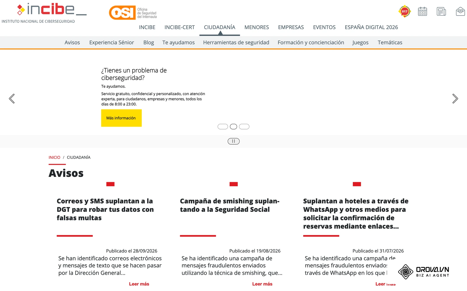 Portal de la Oficina de Seguridad del Internauta (INCIBE), con avisos de fraudes recientes que también afectan a las cuentas de un negocio.