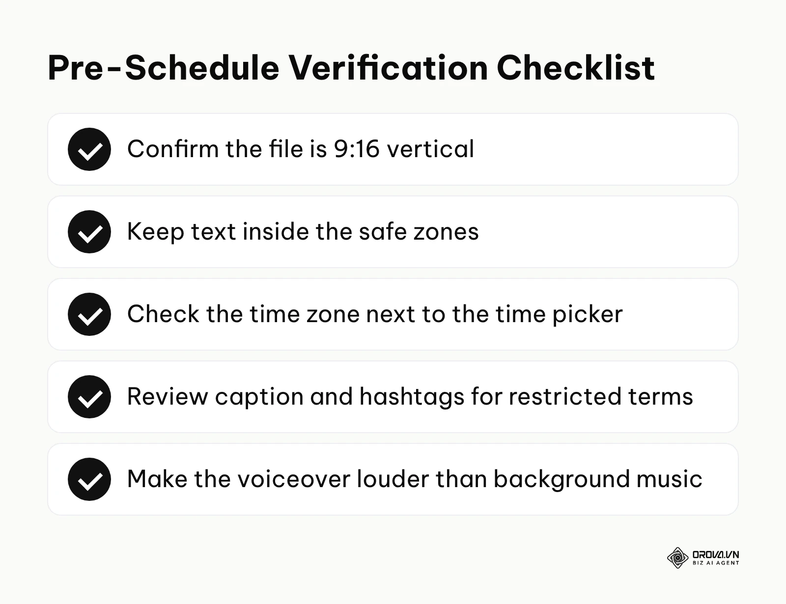 A checklist of five items to verify before scheduling a TikTok video.