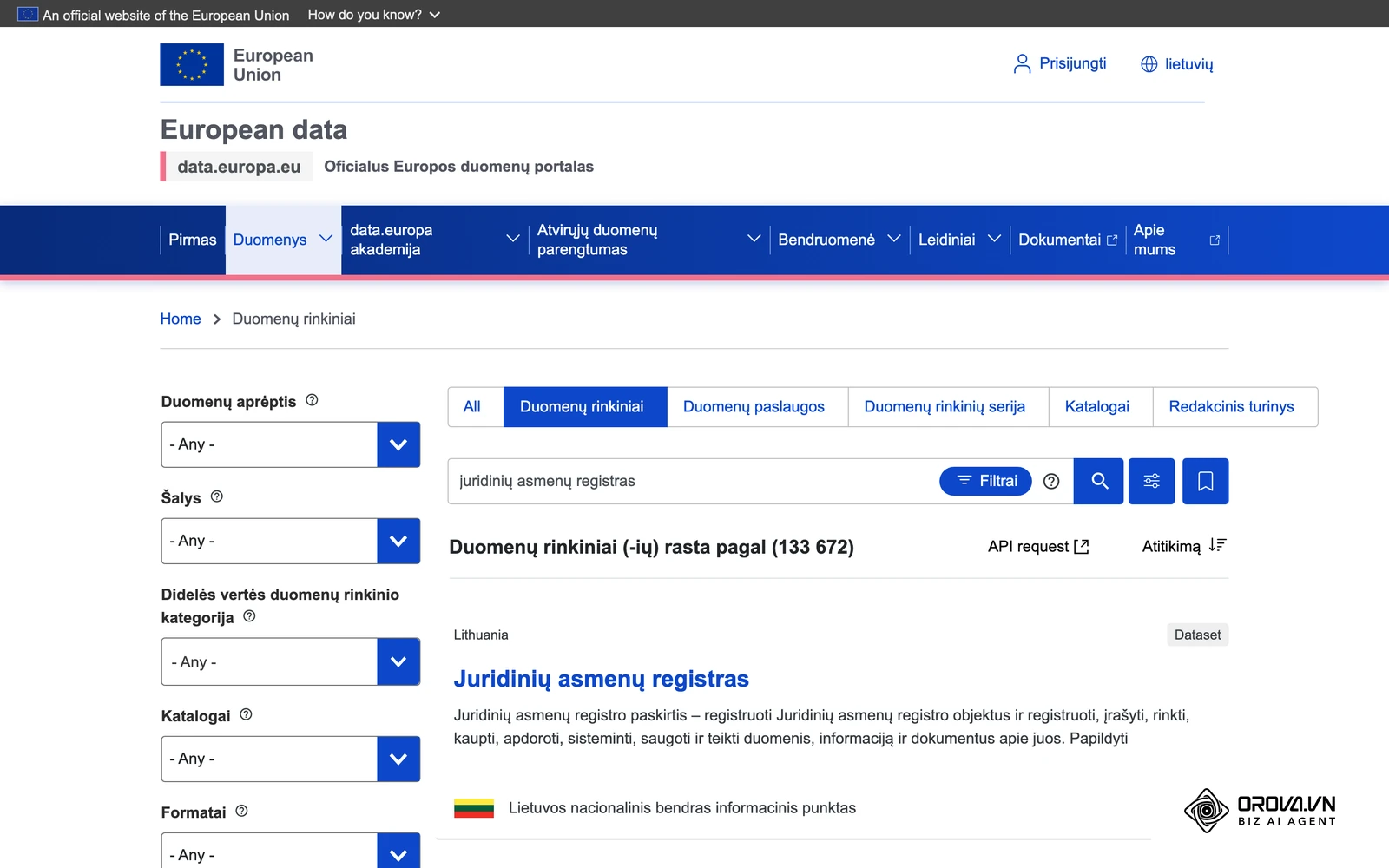 Europos atvirųjų duomenų portalo paieška „juridinių asmenų registras“: oficialūs įmonių registro duomenų rinkiniai, nuo kurių galima pradėti B2B klientų paiešką.