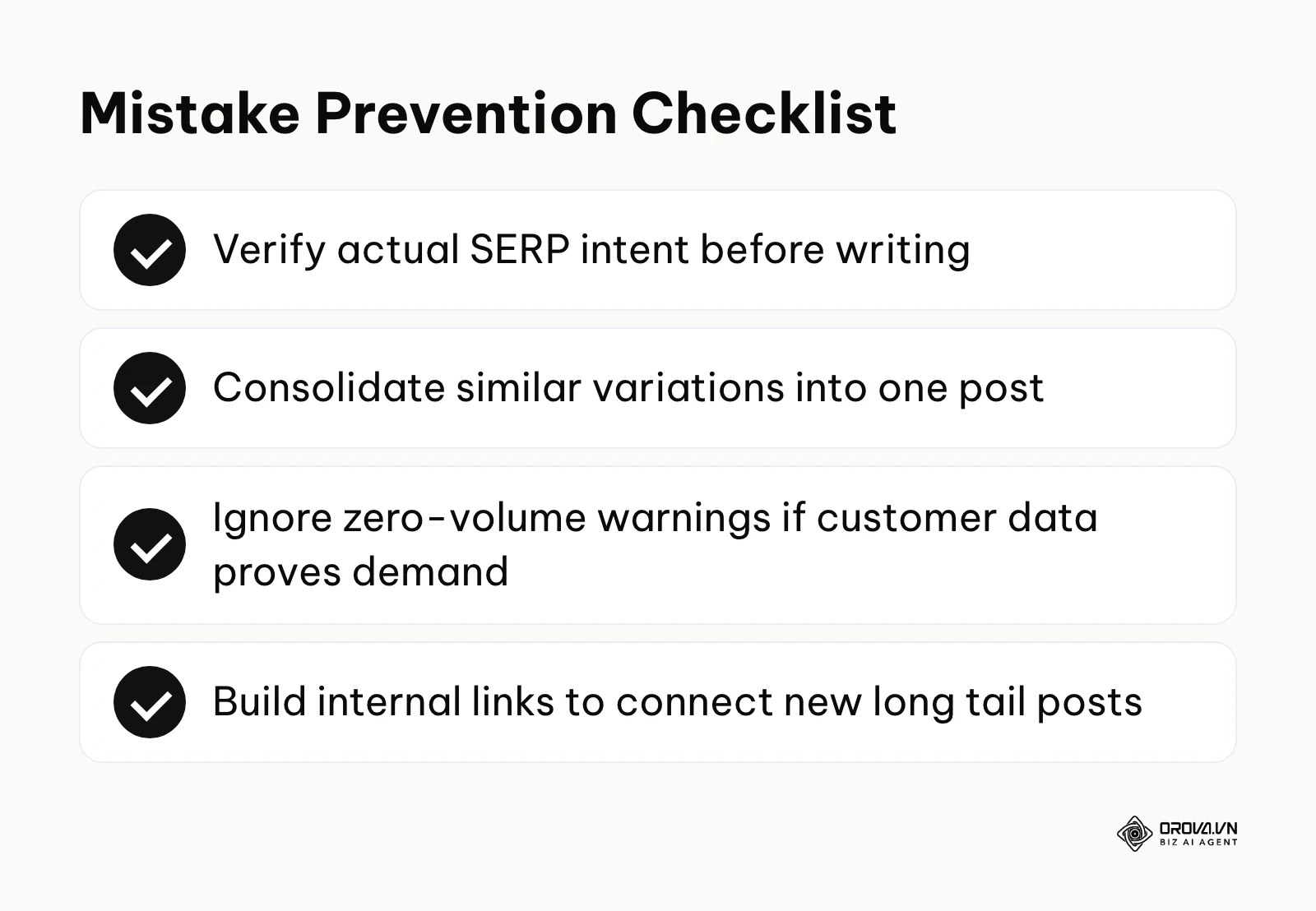A checklist of actions to take to prevent common keyword research mistakes.