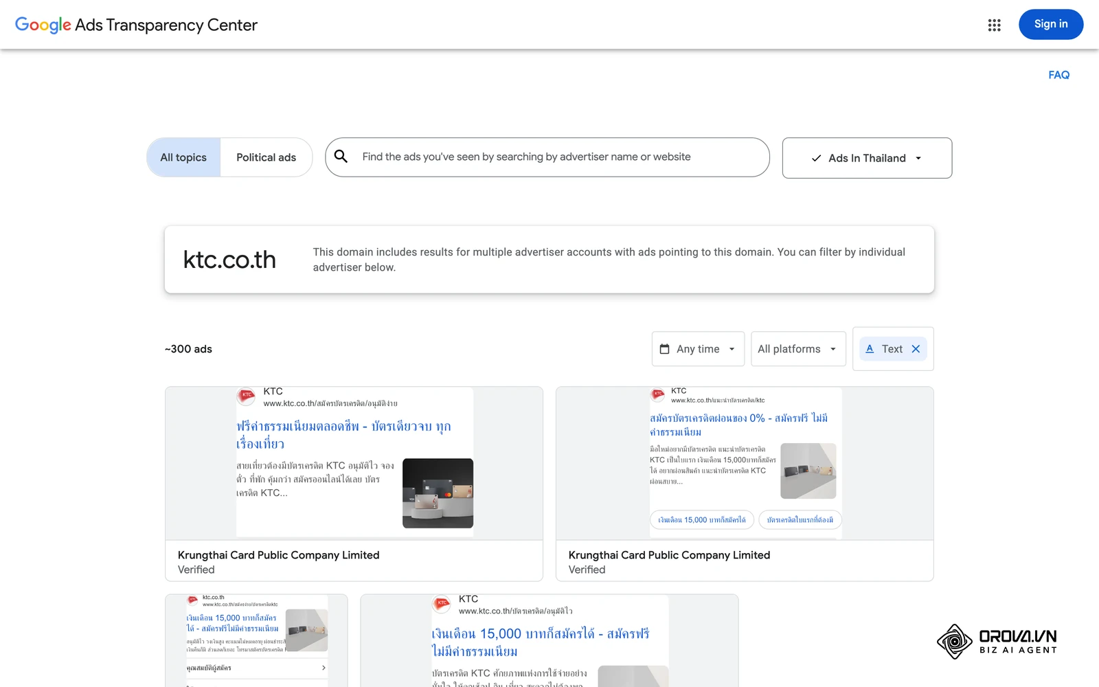โฆษณาค้นหาแบบข้อความจริงของ KTC ในประเทศไทย จาก Ads Transparency Center ของ Google ใช้เป็นตัวอย่างการเขียนหัวเรื่องที่ตรงเจตนาการค้นหา