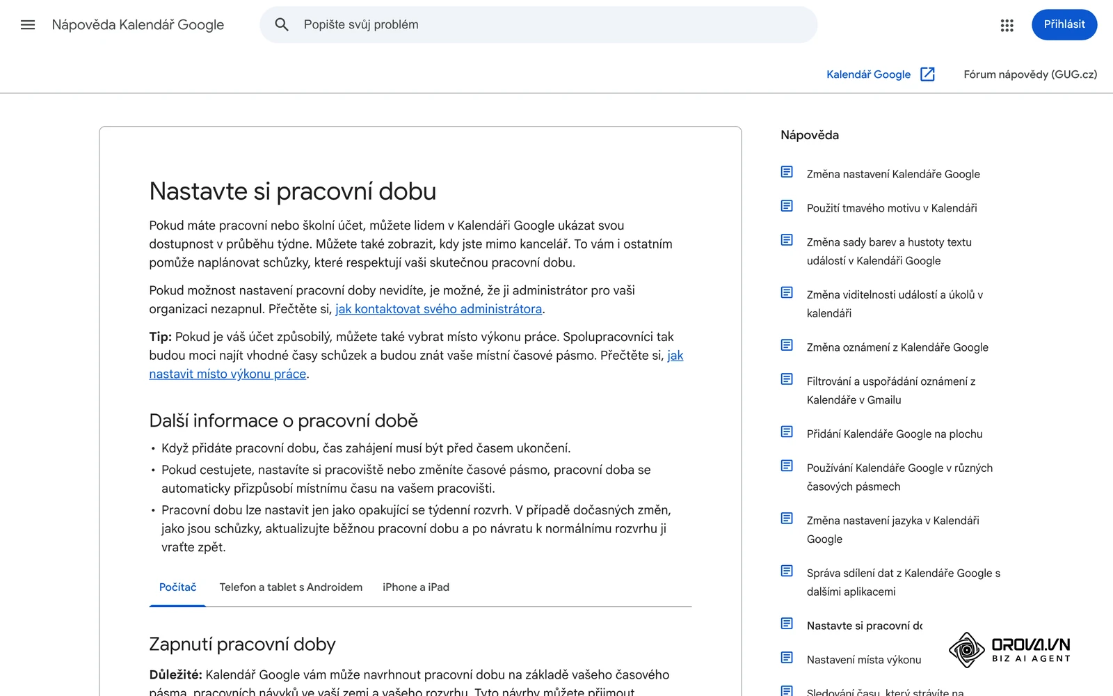 Česká nápověda Kalendáře Google: pracovní doba a událost Mimo kancelář s odmítáním schůzek.