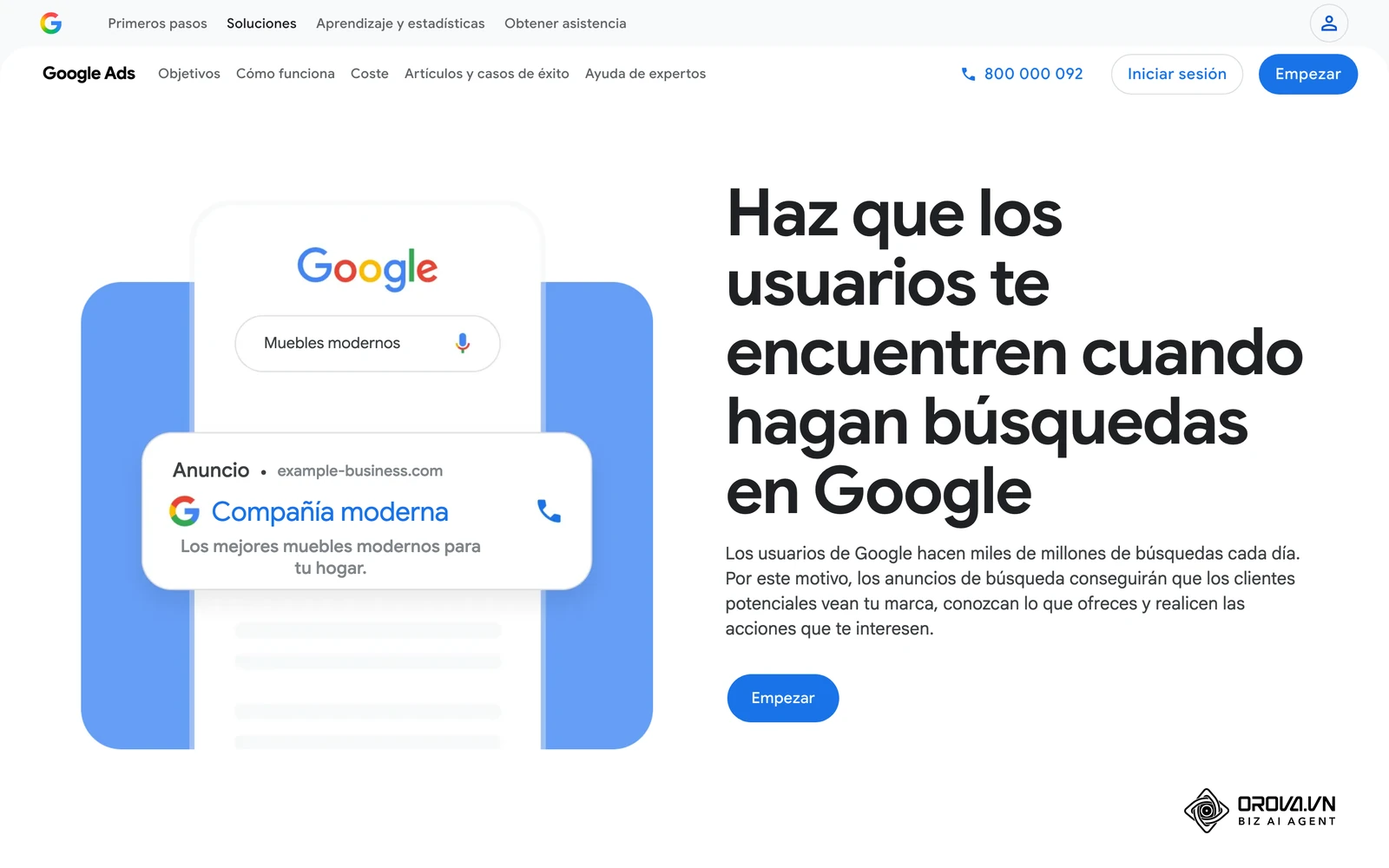 Página oficial de anuncios de búsqueda de Google, con un ejemplo de anuncio de texto tal como aparece en los resultados.