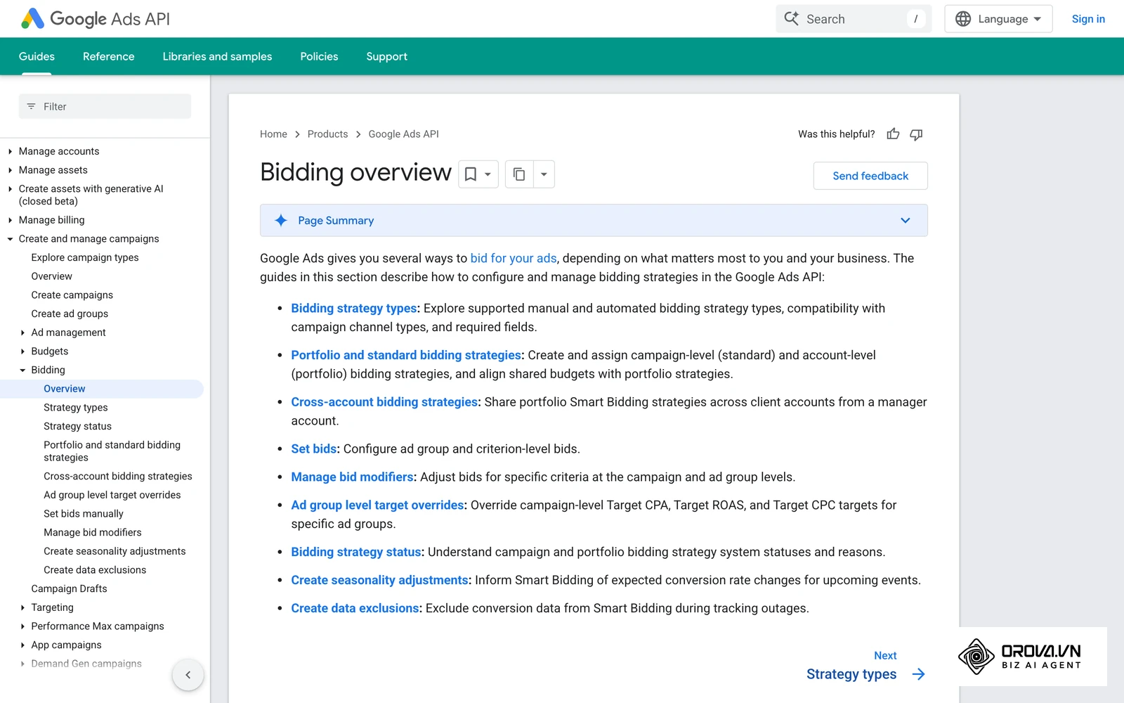 Google Ads API bidding overview, listing the manual and automated bidding strategies compared in this section.