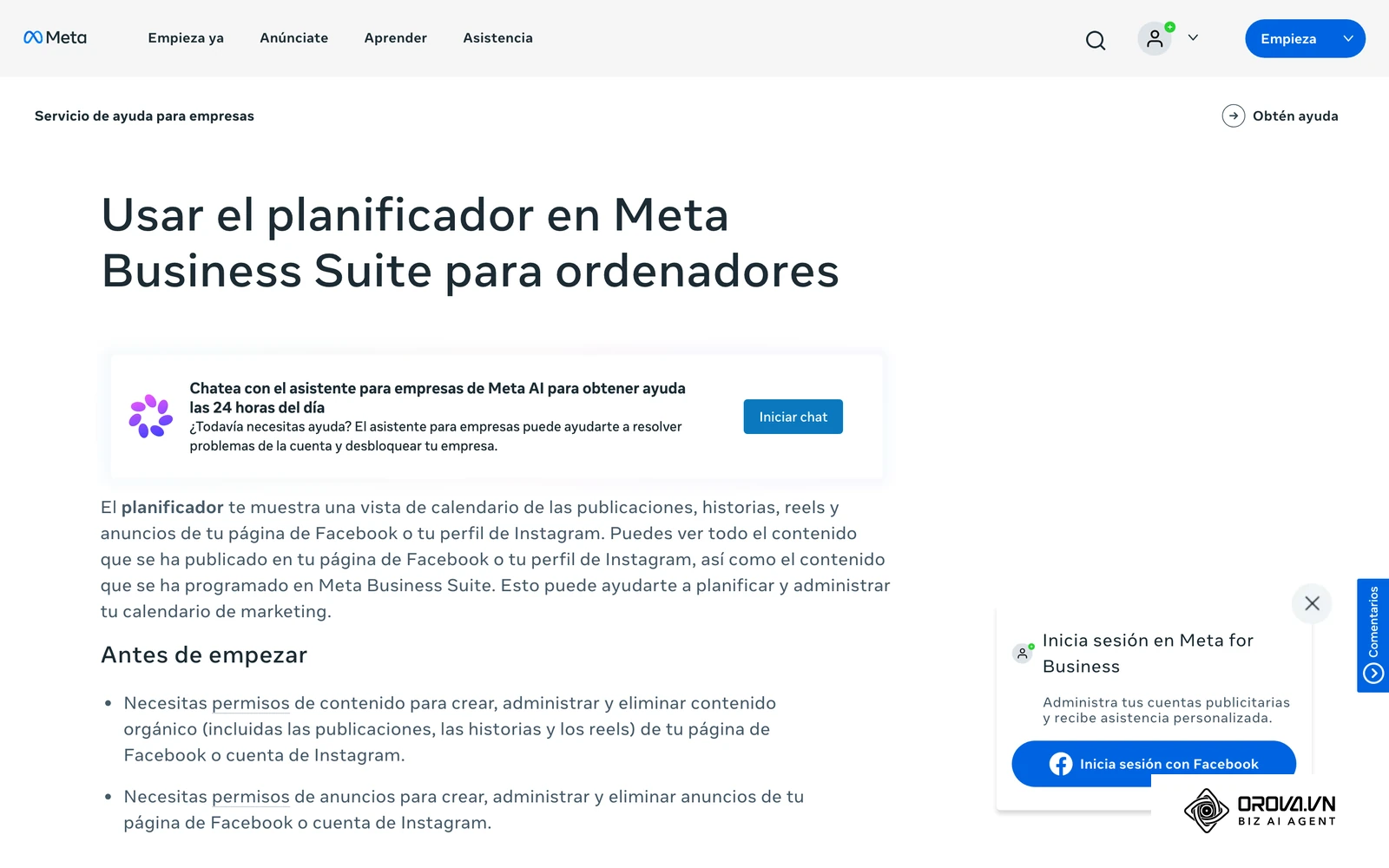 Pàgina d'ajuda oficial de Meta (versió en castellà) sobre el Planificador de Meta Business Suite a l'ordinador: vista de calendari de les publicacions de Facebook i Instagram.