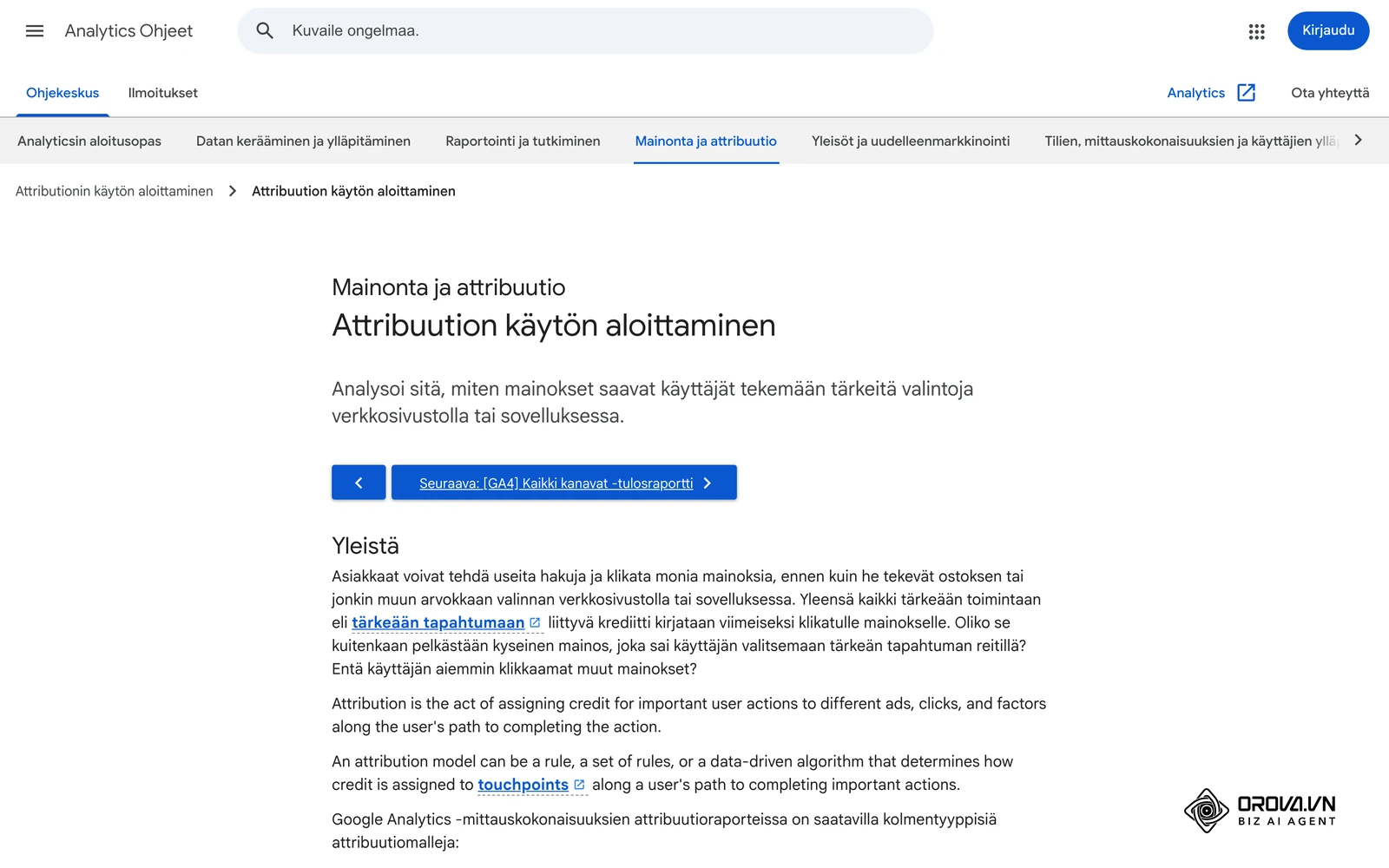 Analytics Ohjeet (suomeksi): attribuution käytön aloittaminen GA4:ssä.