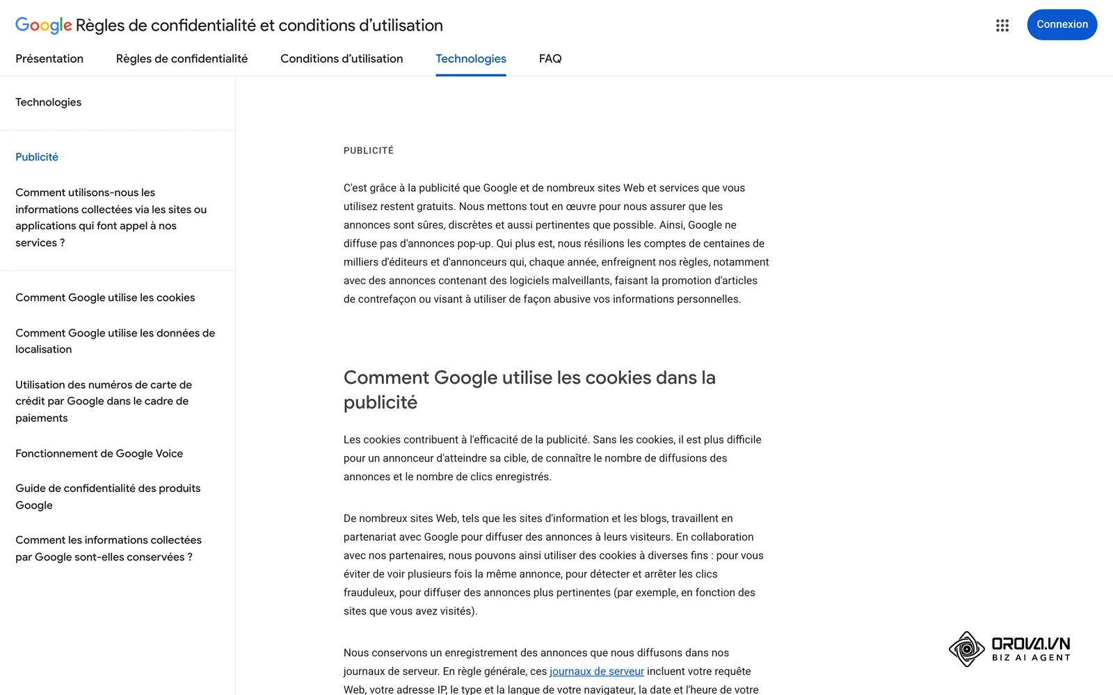 La page officielle de Google sur l'usage des données et des cookies publicitaires.