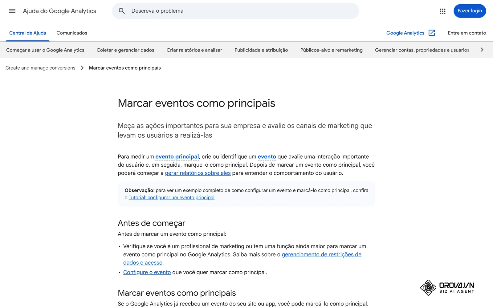 Central de Ajuda do Google Analytics em português: como marcar no GA4 os eventos que contam como resultado, o ponto de partida para leads e conversões do exemplo.