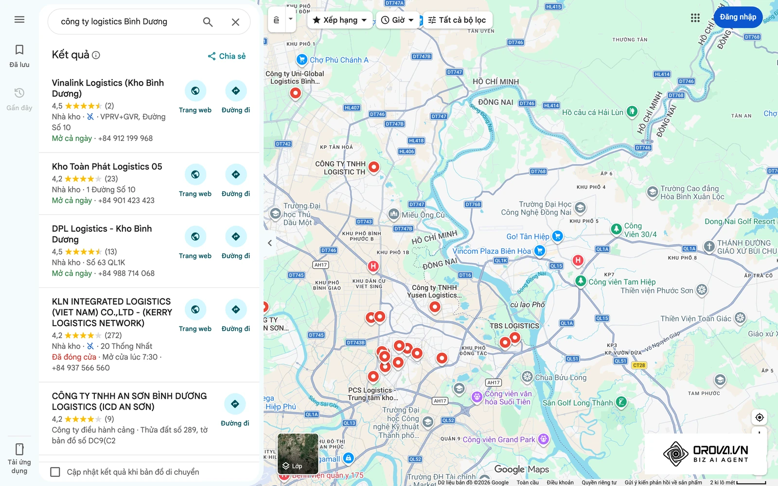 Kết quả tìm "công ty logistics Bình Dương" trên Google Maps: danh sách doanh nghiệp kèm địa chỉ, website và số điện thoại do chính họ đăng.